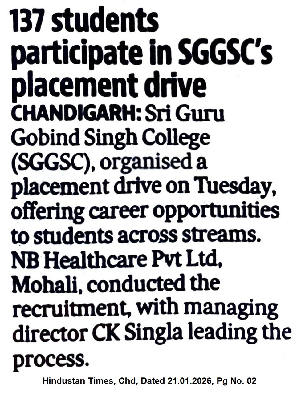 Newspaper clipping covering placement activities, January 2026